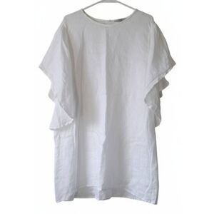 Isabel womens large 100% linen dress pure true white flutter sleeve lagenlook